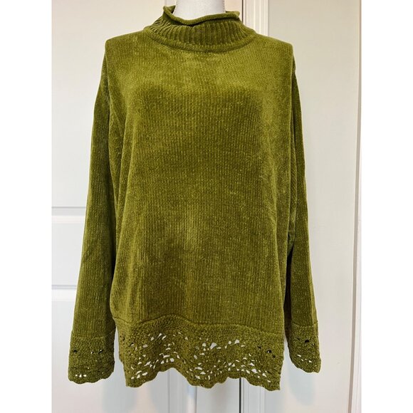 Designers Studio Originals Green Ribbed Sweater Size 2X Crochet Lace Hem Hi Neck - Picture 1 of 8